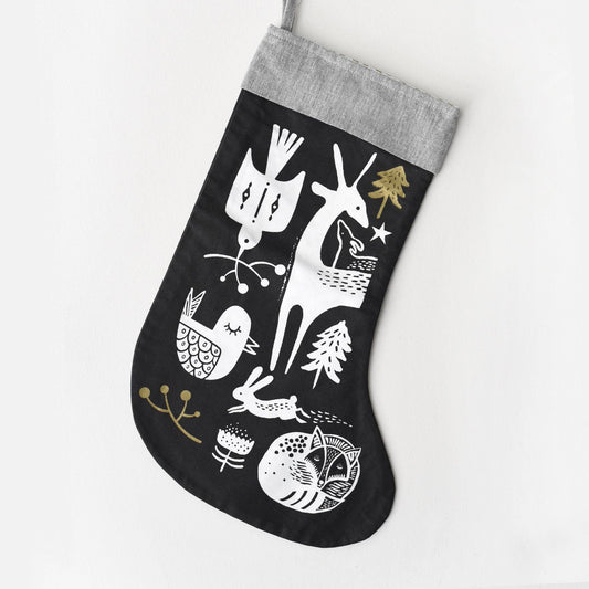 Winter Animals Christmas Stocking - White on Black