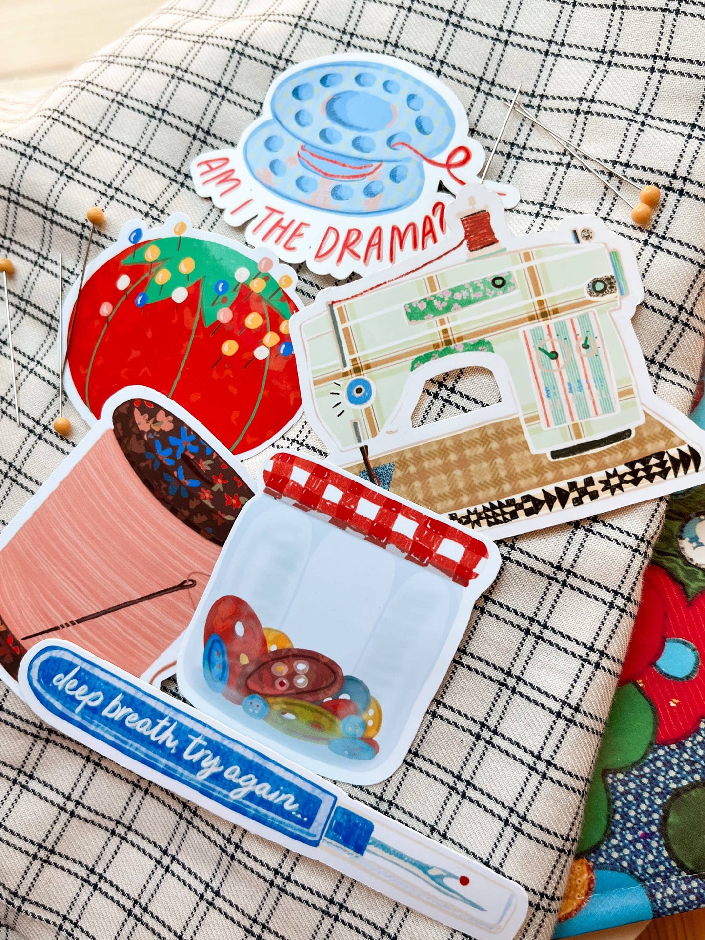 Red Pin Cushion Vinyl Stickers, sewing quilt sticker