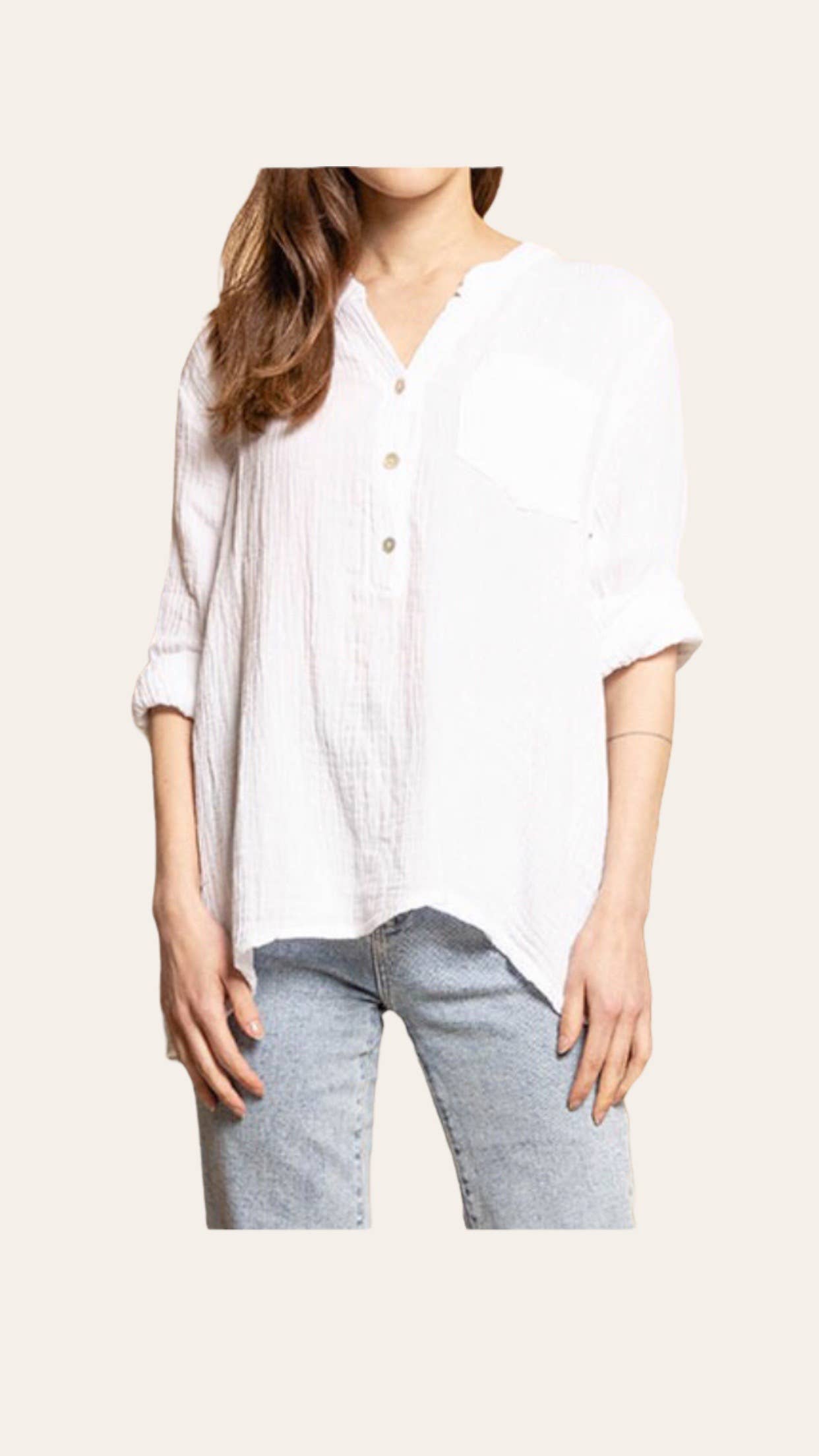 #80641 button down cotton gauze shirt with straight collar