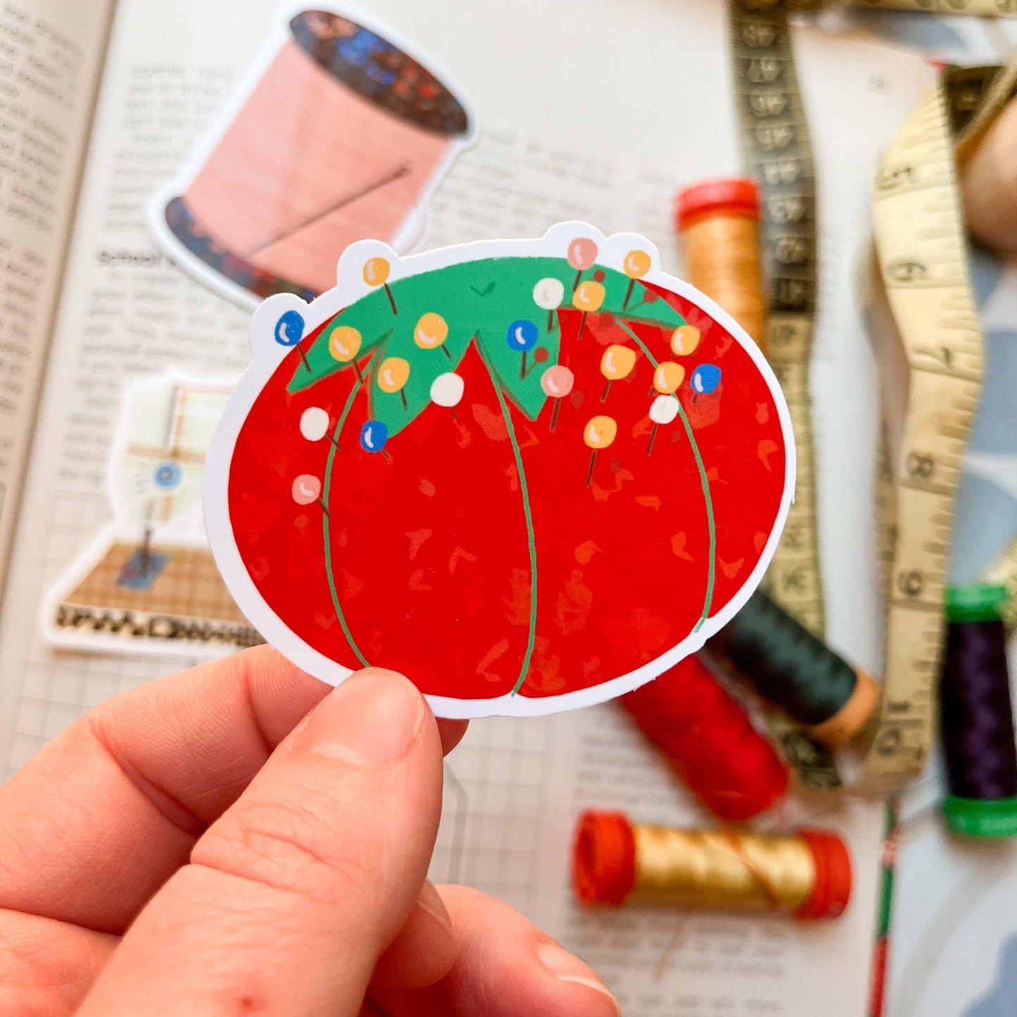 Red Pin Cushion Vinyl Stickers, sewing quilt sticker