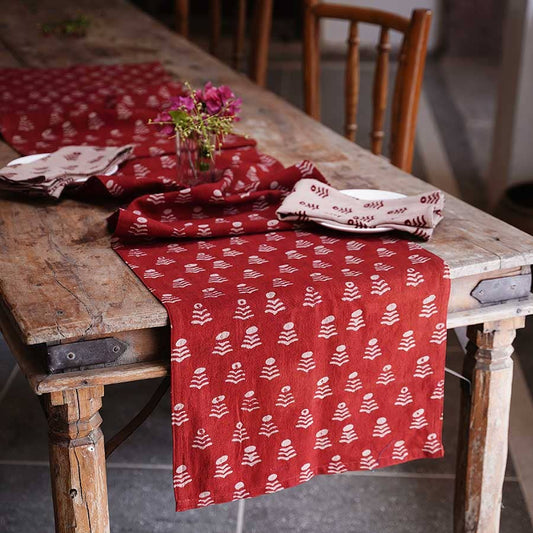 Red Block Print Hand Woven Cotton Table Runner | Genda Phool