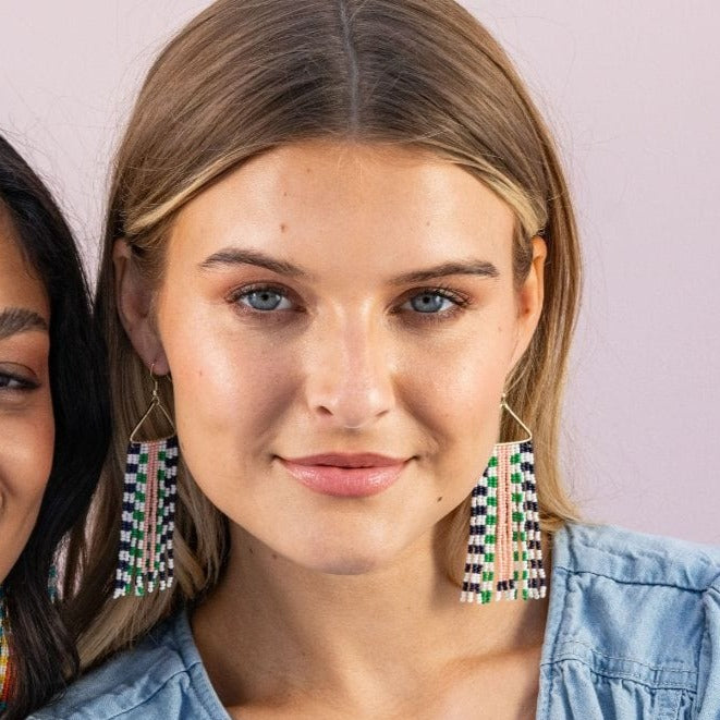 Brooke Two-Tone Checked Border Beaded Fringe Earrings St. Tropez