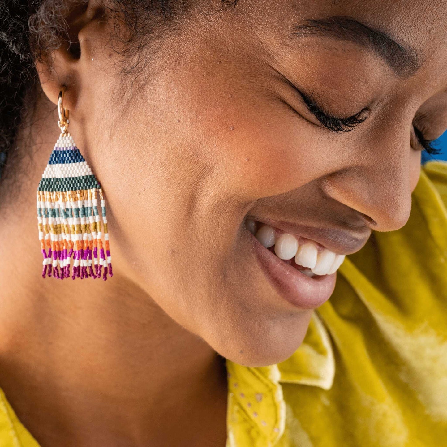 James Mini Gold Hoop Horizontal Stripes Beaded Fringe Earrings Muted