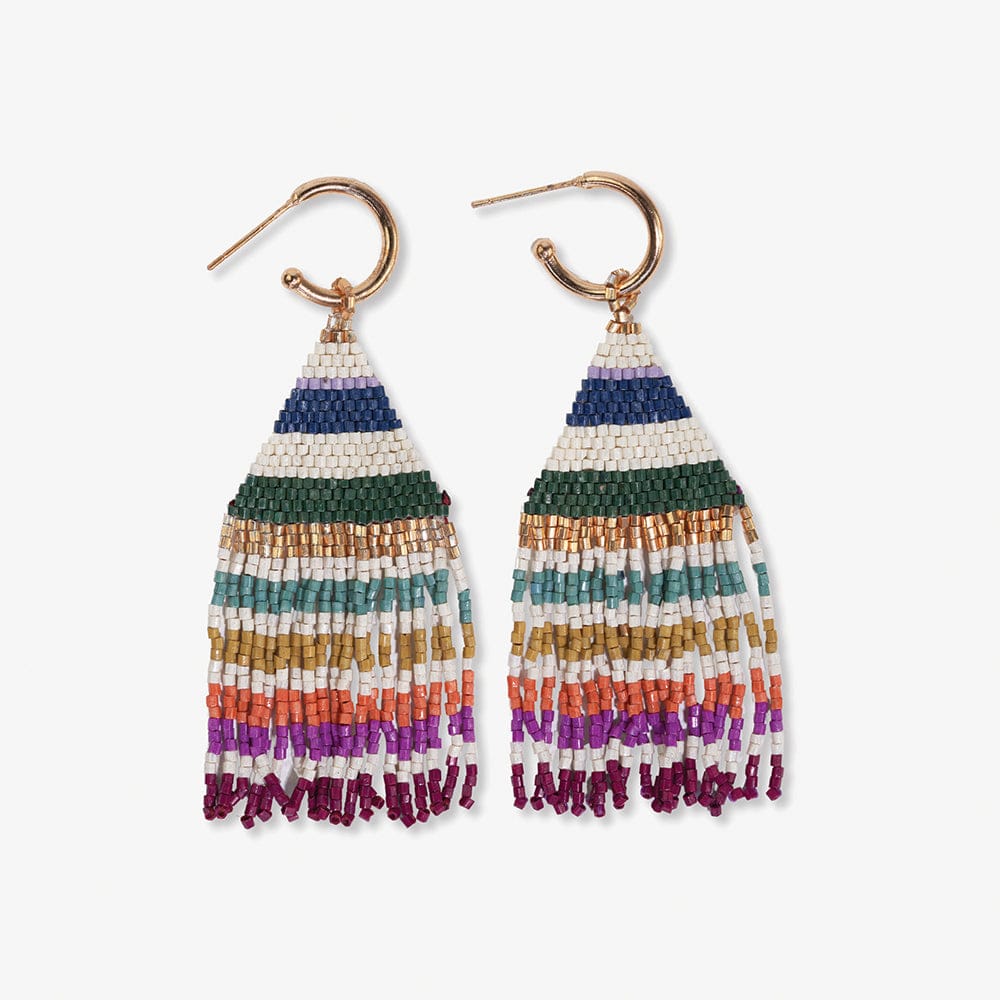 James Mini Gold Hoop Horizontal Stripes Beaded Fringe Earrings Muted